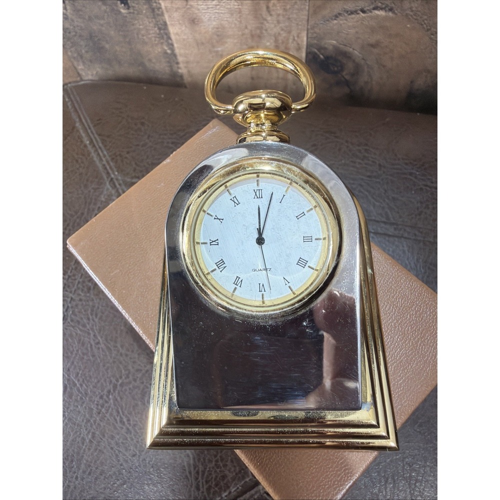 Wallace Silversmiths Watch Desk Clock Silver Plated Gold Tone Paperweight Vtg